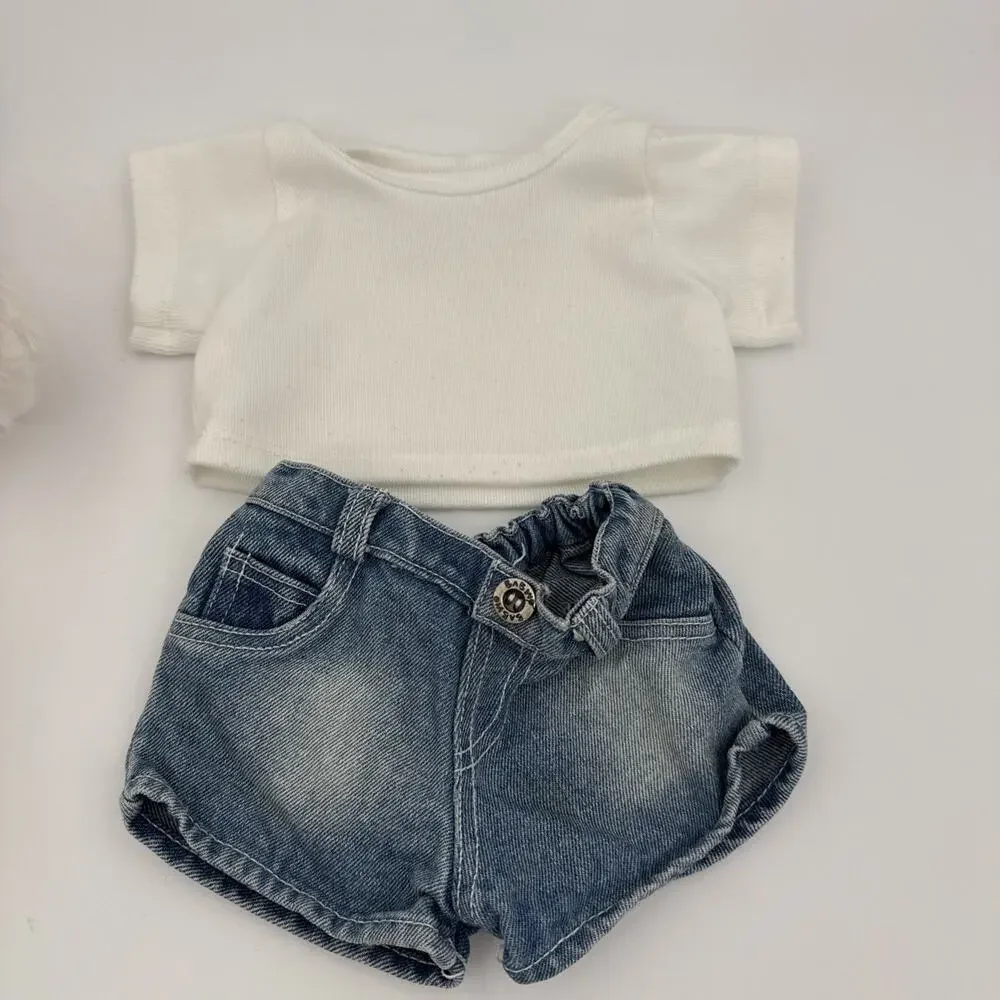 Build A Bear Pink And White Swirl Teddy Bear With Jean Shorts & White Shirt 14”